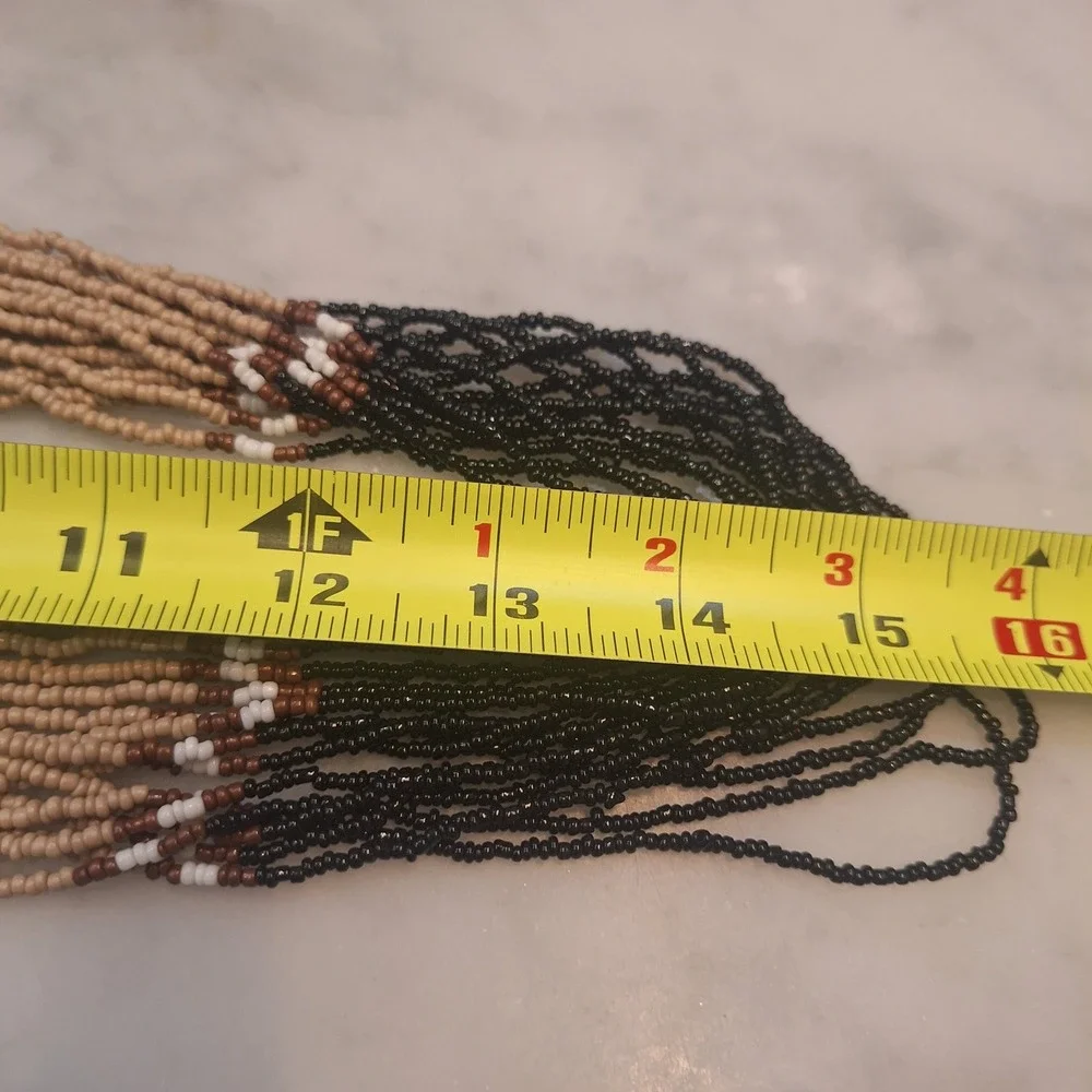 Vintage 90s Multi-Strand Seed Bead Necklace OS Tan Black Gold Boho Statement